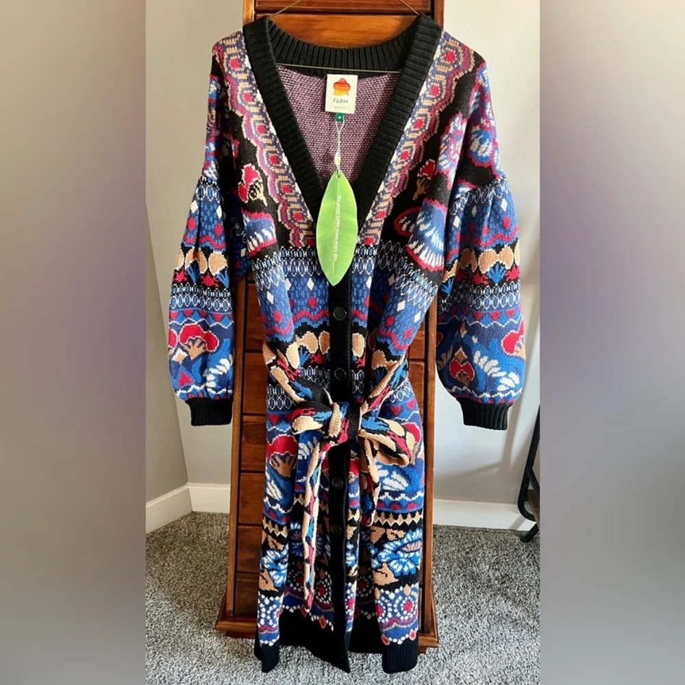 NWT FARM Rio Ainika Jacquard maxi Cardigan Sweater in Ainika Sparkle Black - Picture 3 of 4